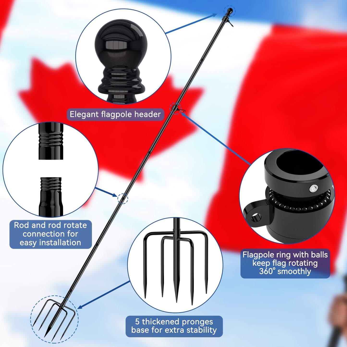 ZMTECH 12FT Flag Pole with 5 Pronges Base in Ground for Yard,Tangle Free Spinning Stainless Steel,Heavy Duty Windproof Ground Flag Poles for 2 Flags | Outside House Residential or Commercial 1 Pack