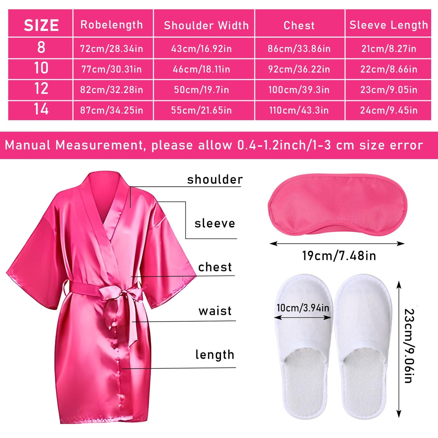 18 Pcs Spa Party Supplies for Girls 6 Satin Kimono Robe 6 Sleeping Eye Mask 6 Disposable Slippers for Flower Girl Kid Salon Pedicure Wedding Birthday Favors Washing Shower (Size 10, Rose Red)
