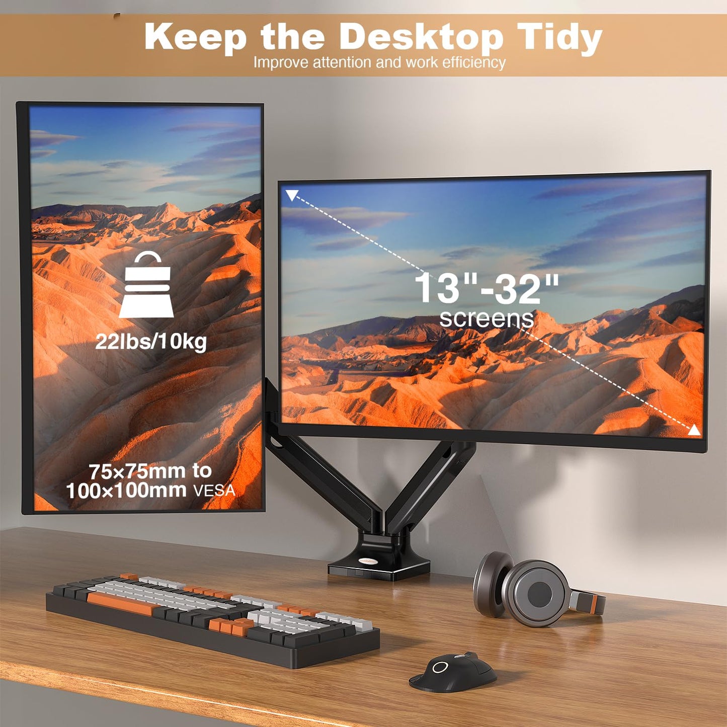 Dual Monitor Stand and Mount, Dual Monitor Arm for Screens Up to 32 Inch,Double Monitor Desk Mount,Vesa Mount 75x75mm to 100x100mm,Max Load 22lbs