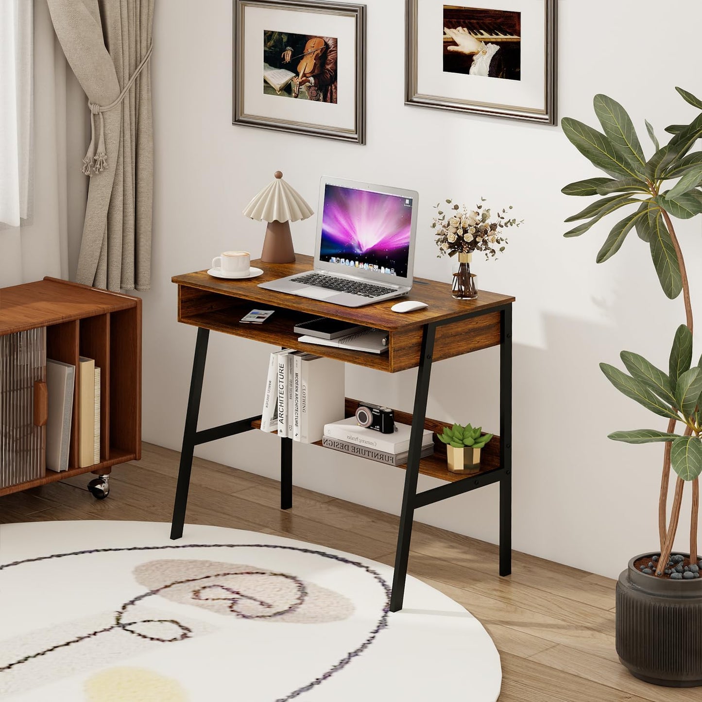 Computer Desk, Small Office Desk, Bureau Gaming Desk, 31.5 inch Study Table, Sit Stand Desk with Drawers, Bureau de Bureau de Travail, Rustic Brown Wood Desk with Black Metal Frame
