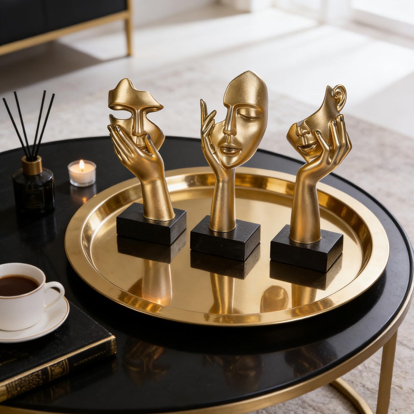 oliruim 3 Pcs Thinker Small Statue Set - Black Gold Abstract Art Figurines Home Living Room Aesthetic Decor Floating Shelf Coffee Table Office Desk Bathroom Counter Decor (3 PCS Gold)