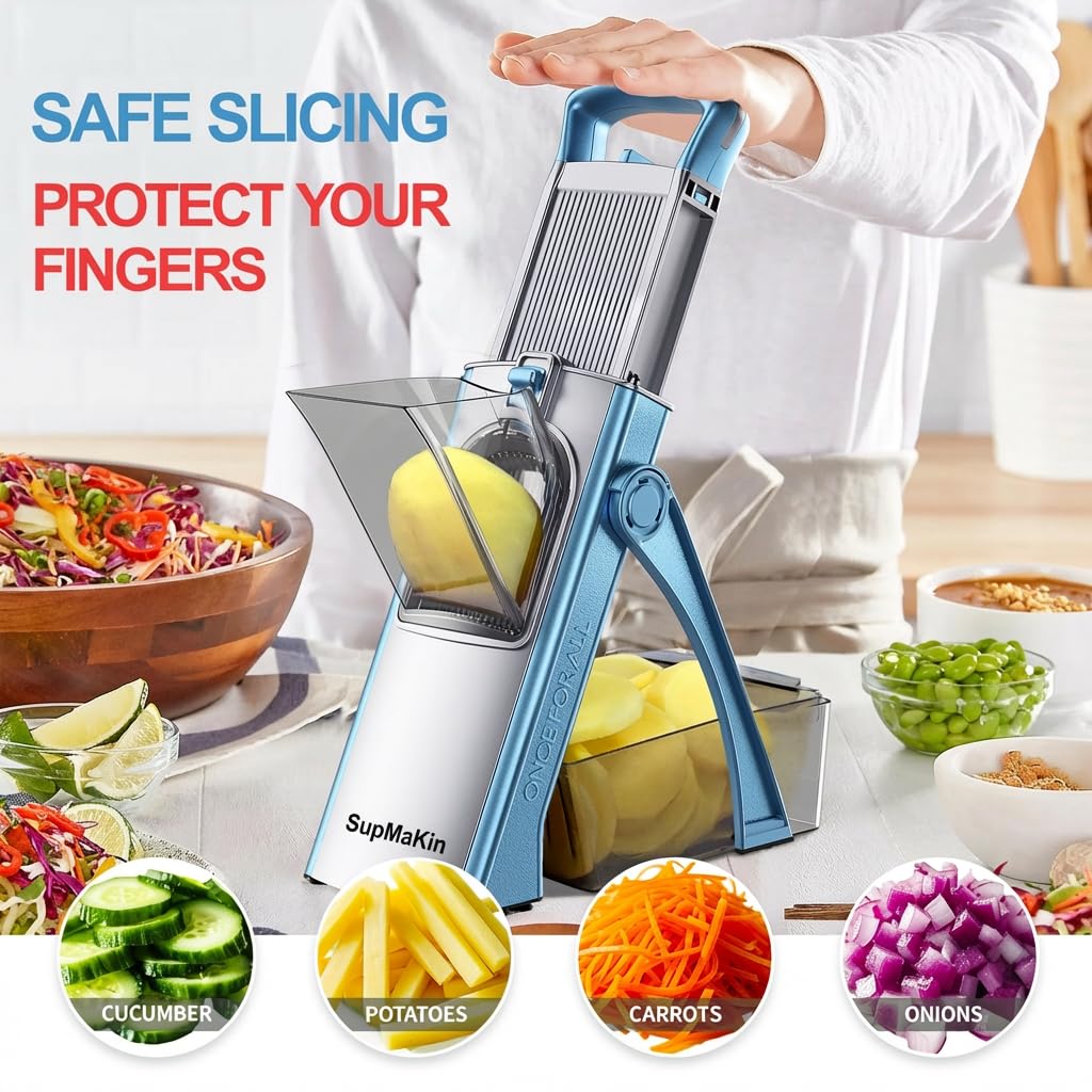 SupMaKin Upgrade Safe Mandoline Slicer Plus, Adjustable Vegetable Chopper Potato Slicer Onion Chopper, French Fries Cutter, Veggie Salad Chopper Kitchen Chopping Artifact (LightBlue)