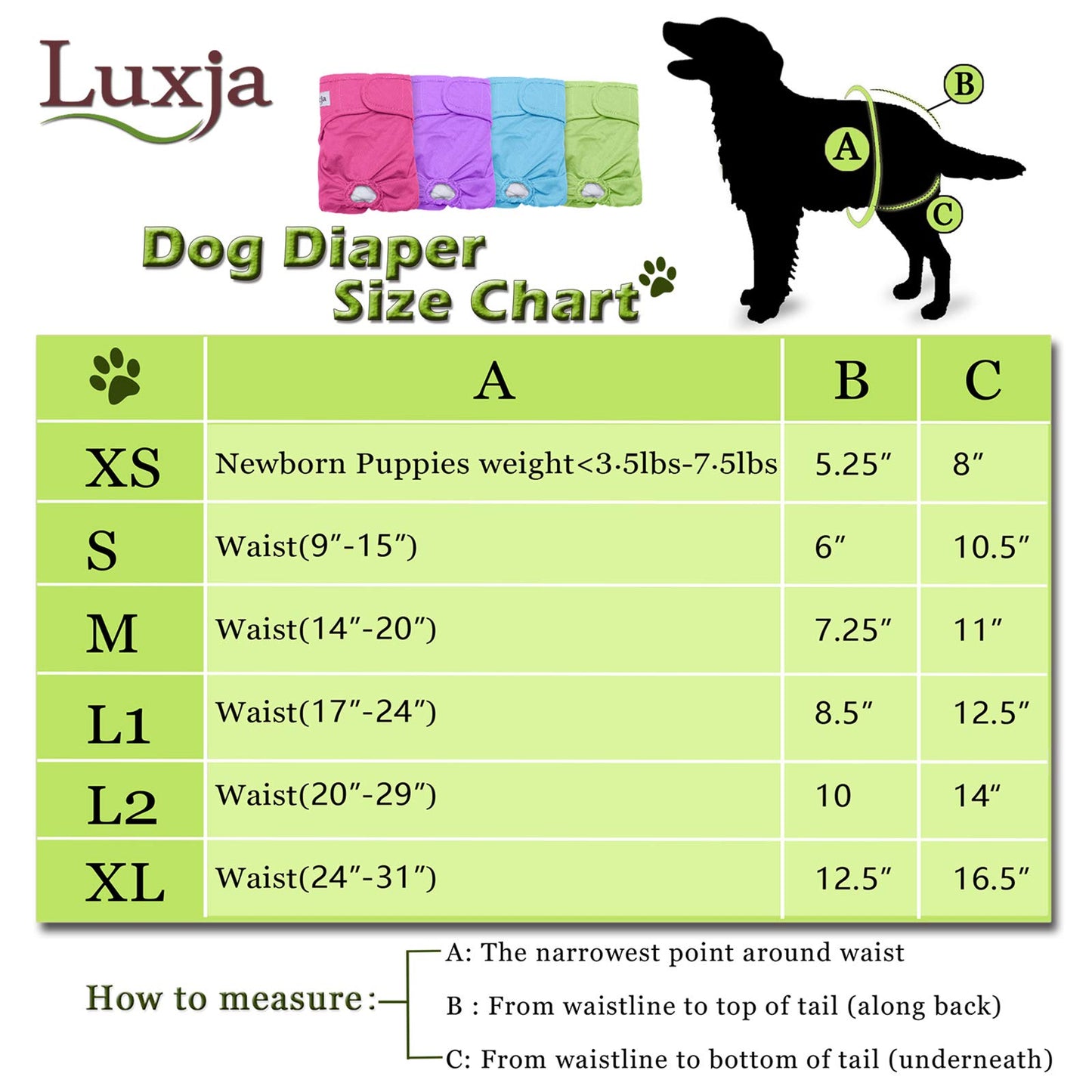 Luxja Reusable Female Dog Diapers (Pack of 4), Washable Wraps for Female Dog (Large 2, Sky Blue+Purple+Green+Rose Red)