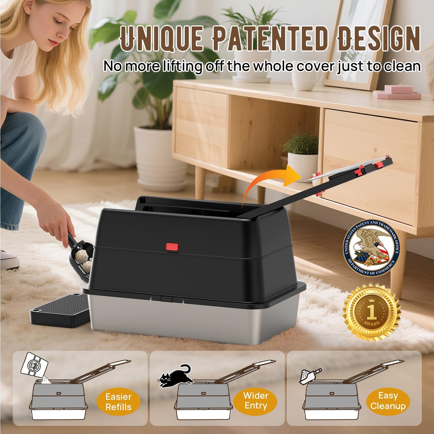 Stainless Steel Litter Box with Lid, SUS304 Metal Cat Litter Boxes, Enclosed Extra Large Kitty LitterBox High Wall, Jumbo Cat Toilet Odor Control, Spacious, DurableNon-Sticky Christmas gifts(XL Black)