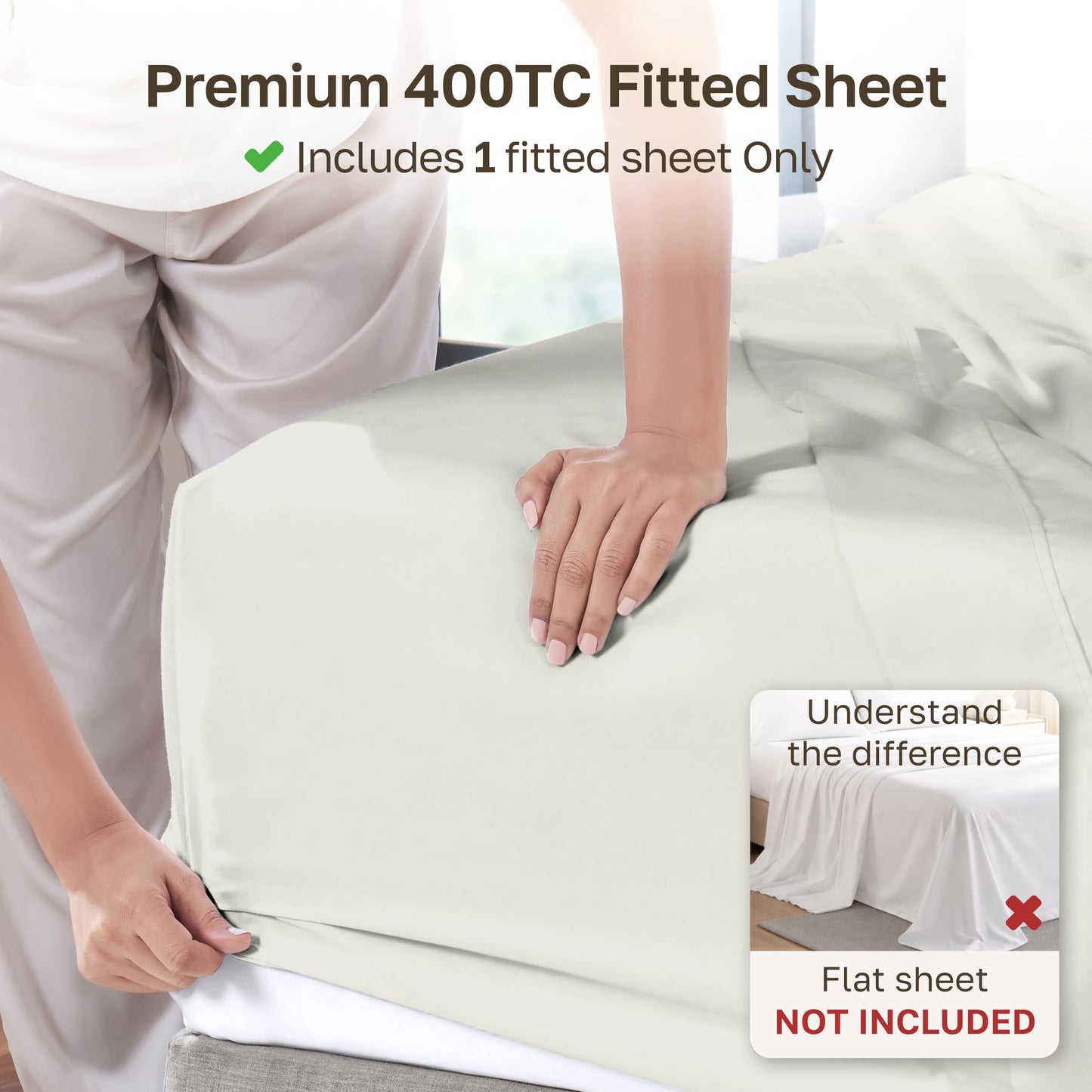 California Design Den Deep Pocket King Fitted Sheet, Soft 400 Thread Count 100% Cotton Sateen, No Pop-Off Elastic, Durable Fitted Sheet Only - Ivory (Pale Tone)