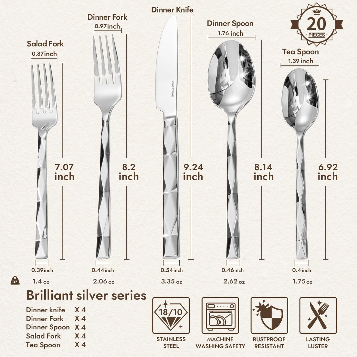 KINGSTONE Silverware Set, Luxury 20 Piece Flatware Set for 4, 18/10 Stainless Steel Cutlery Set with Diamond Cut Pattern for Home, Wedding, Party, Mirror Polished and Dishwasher Safe