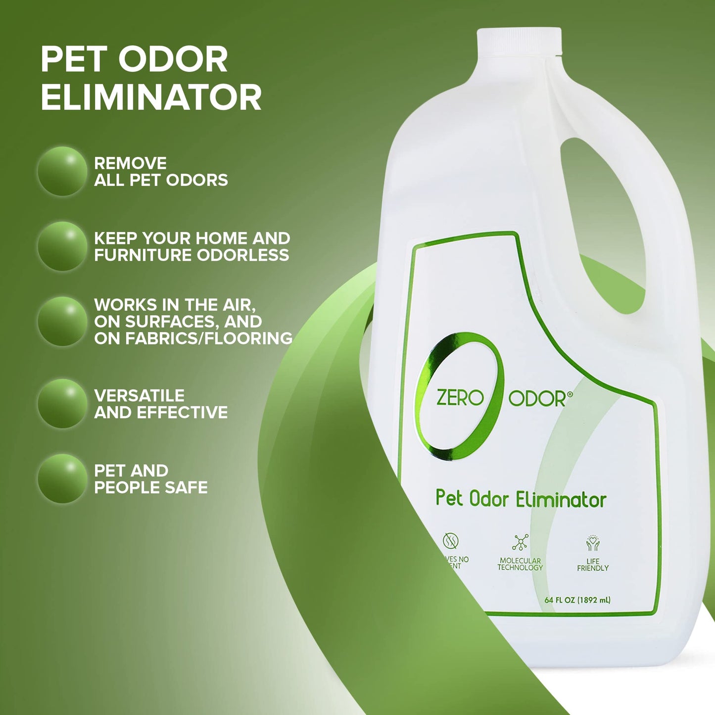 Zero Odor - Pet Odor Eliminator - Air & Surface Odors – Patented Molecular Technology Best For Carpet, Furniture, Pet Bed - Smell Great Again, 64oz Refill