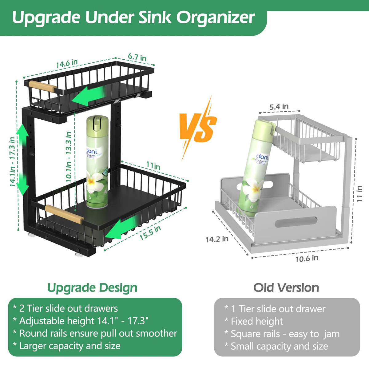 ADRIMER Under Sink Organizer, Pull Out Kitchen Organizers and Storage, 2 Tier Slide Out Bathroom Cabinet Organizers and Storage Height Adjustable Durable Metal, Black