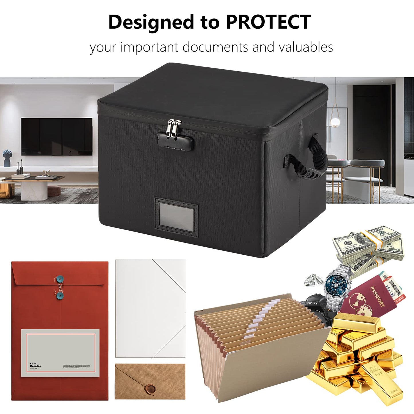 MUIFA Fireproof Document Box, Fireproof File Box with Lock, Collapsible File Storage Box with Zippers and Inserts Bag, Portable Home Office Safe Box for Letter/Legal Folder(Black)