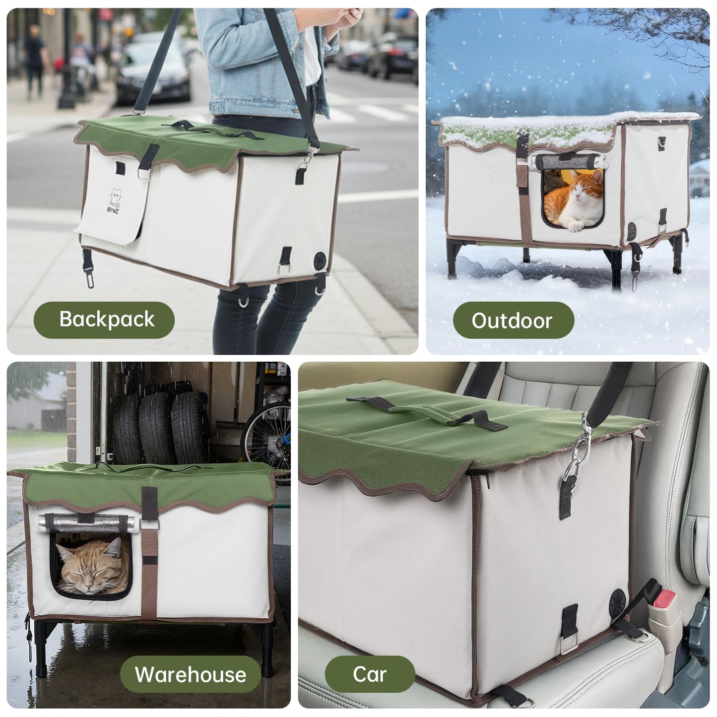 BNZ Indestructible Heated Cat House for Outside Winter, Weatherproof, Safe Escape Door, Insulated Outdoor Cat Shelter with Heater for Feral Barn Cat Kitty(21''x15''x13'')