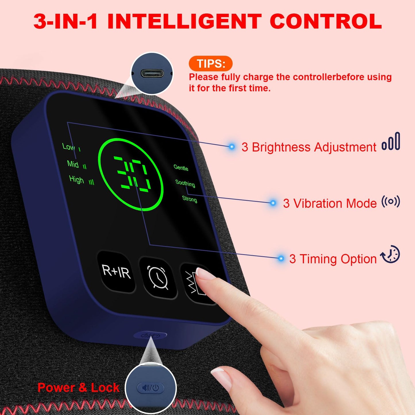 Cordless Red Light Belt, Portable Near-Infrared LED Light Waist Belt, Adjustable Wrap, Wearable Pad with Timing, 3 Vibration Modes, 5000 mAhfor Back Knee Hands Feet (Black G)