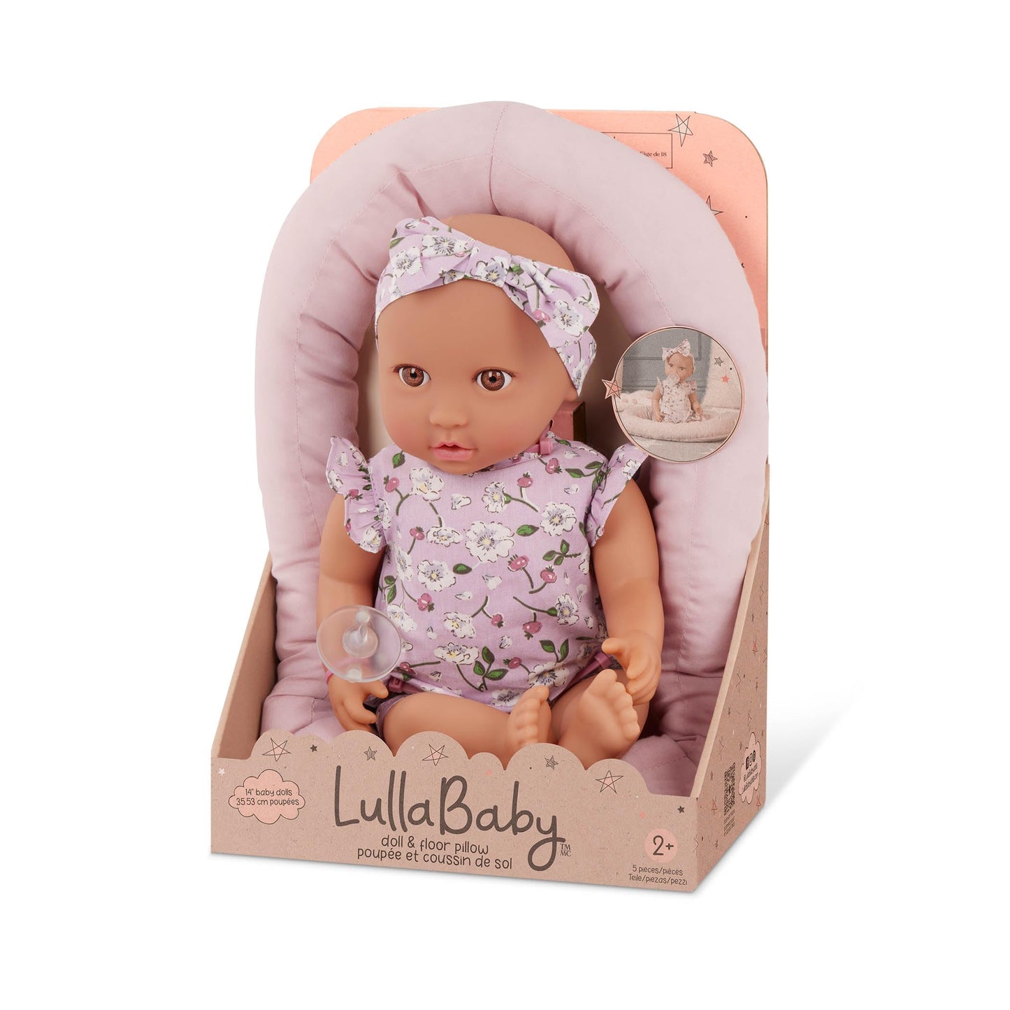 LullaBaby – 14-Inch Realistic Baby Doll – Brown Eyes & Soft Body – Clothing Floral Sleeper, Headband & Pacifier – Plush Bassinet Bed – Pretend Play 2+ Years – Floor Pillow Set