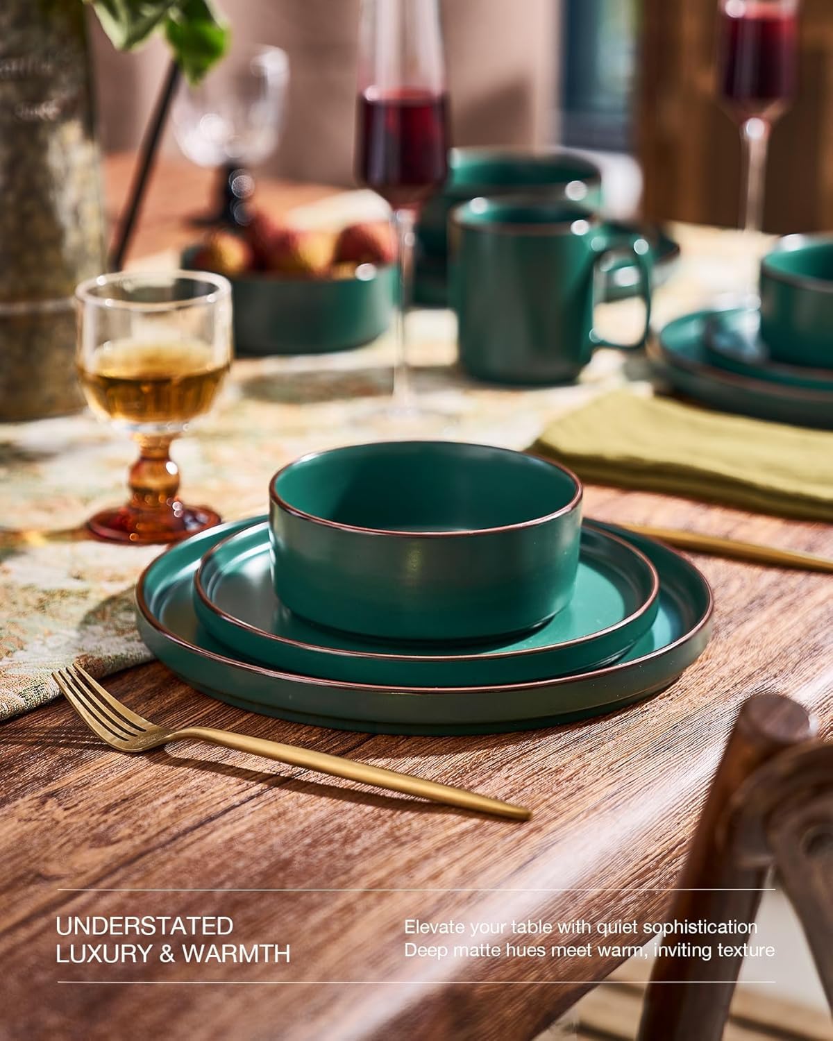 Richmount Nebula Ridge Stoneware Dinnerware Sets, Plates and Bowls Sets for 4, 12 Pieces Dishes Set, Microwave and Dishwasher Safe Kitchen Plates, Dark Green