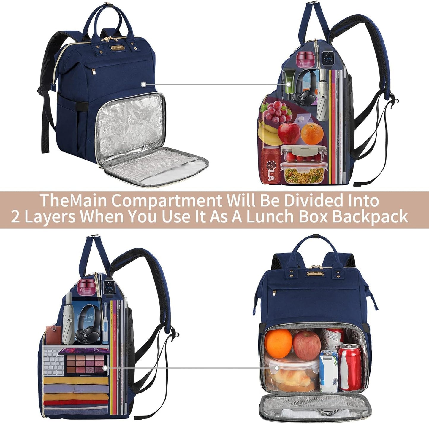 JCDOBEST Lunch Bag Backpack, Insulated Cooler Backpack Lunch Box Laptop Backpack for Women Men Fits 15.6 Inch Laptop Blue