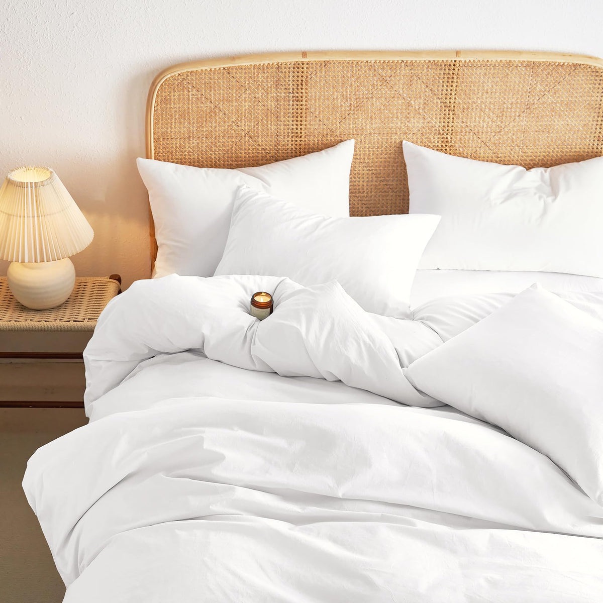 Wake In Cloud - White Cotton Duvet Cover Set, Queen Size, 100% Washed Cotton Plain Solid Color, Linen Like Textured, Breathable Durable Farmhouse Neutral Bedding Set, 3 Pieces