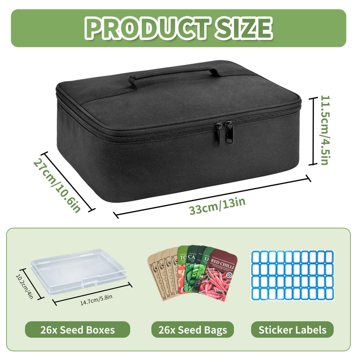 Boczif 26 Slots Seed Storage Organizer Box with Insulated Bag Seed Envelopes Bag and Label Stickers, Garden Seed Container for Seed Packets, Plant, Flower, Vegetable Seeds