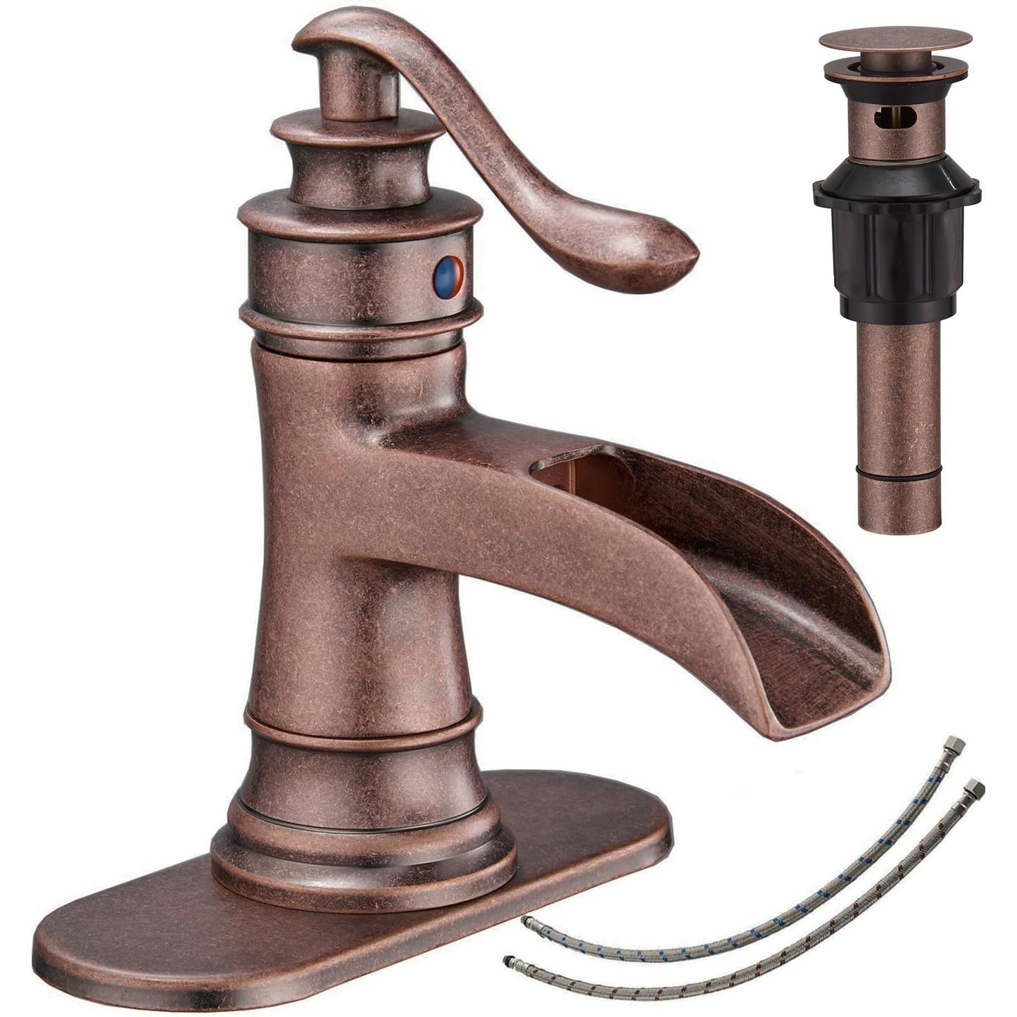 Bathroom Sink Faucet Waterfall Bath Faucets & Parts with Pop Up Drain Stopper Copper Farmhouse Antique Vanity Single Handle Single Hole Commercial Rustic Supply Lines Hose by Bathfinesse