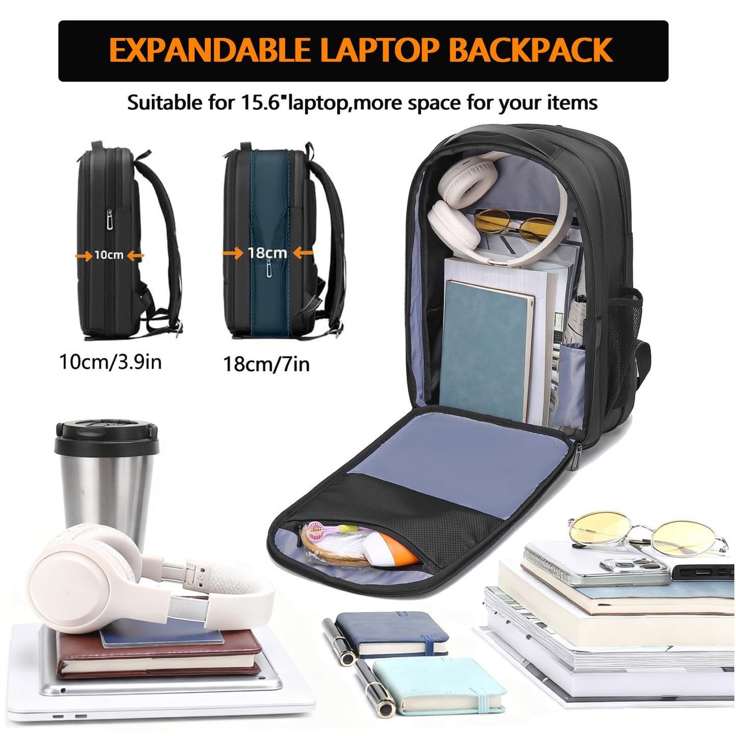 15.6-Inch Laptop Backpack, Expandable Slim Design, Waterproof, USB and Type-C Charging Ports, Professional Computer Bag (black)