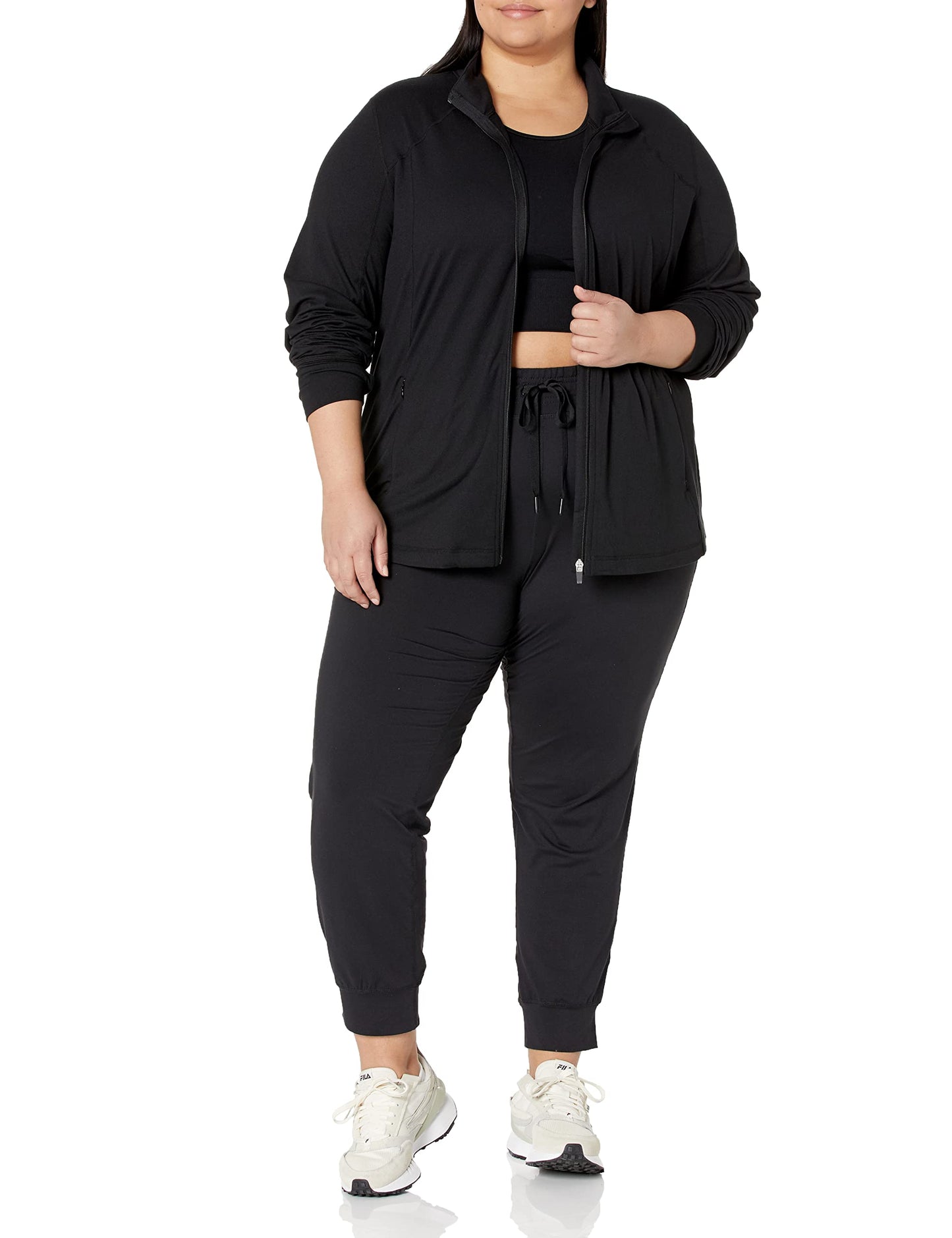 Amazon Essentials Women's Brushed Tech Stretch Full-Zip Jacket (Available in Plus Size), Black, Small