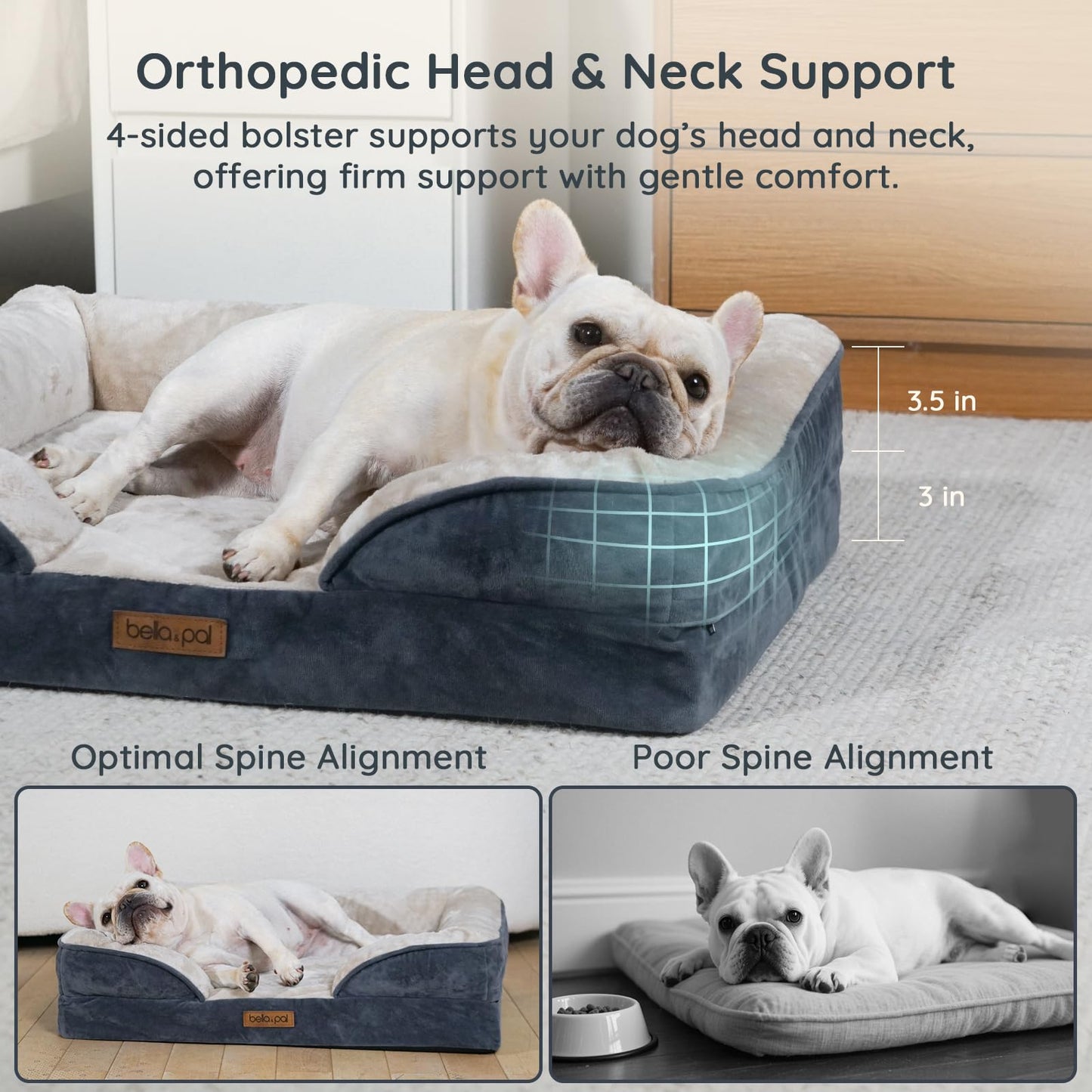 BELLA & PAL Orthopedic Dog Sofa Bed for Medium/Large Dogs – No Assembly Needed, Egg-Crate Foam Dog Couch with Waterproof Liner, Washable Removable Cover, Non-Slip (Gray, 91.5L x 68.5W x 16.5H cm)