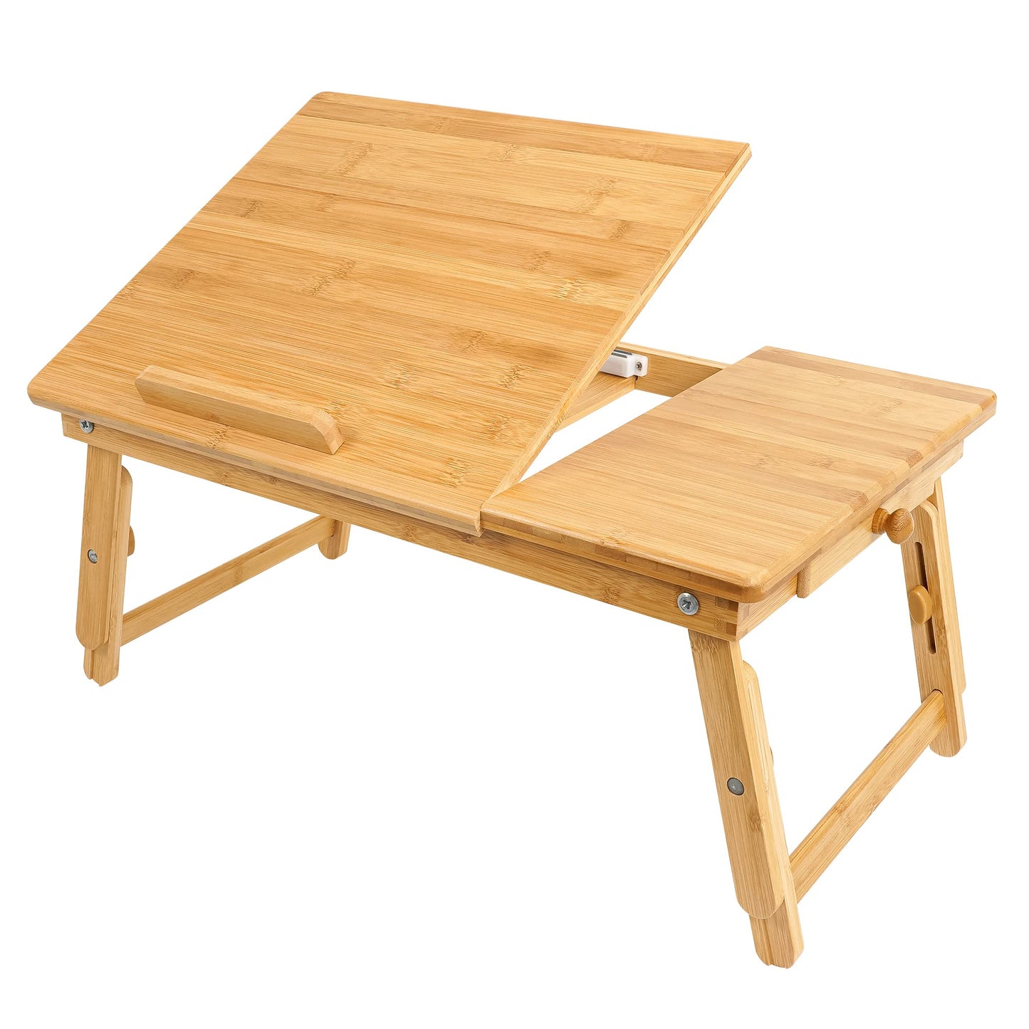 Utoplike Bamboo Laptop Desk for Bed, Tilting Top Bed Serving Tray, Breakfast Table Ajustable Height, Fodable Legs, Storage Drawer, Lap Stand for Reading, Writing, Eating