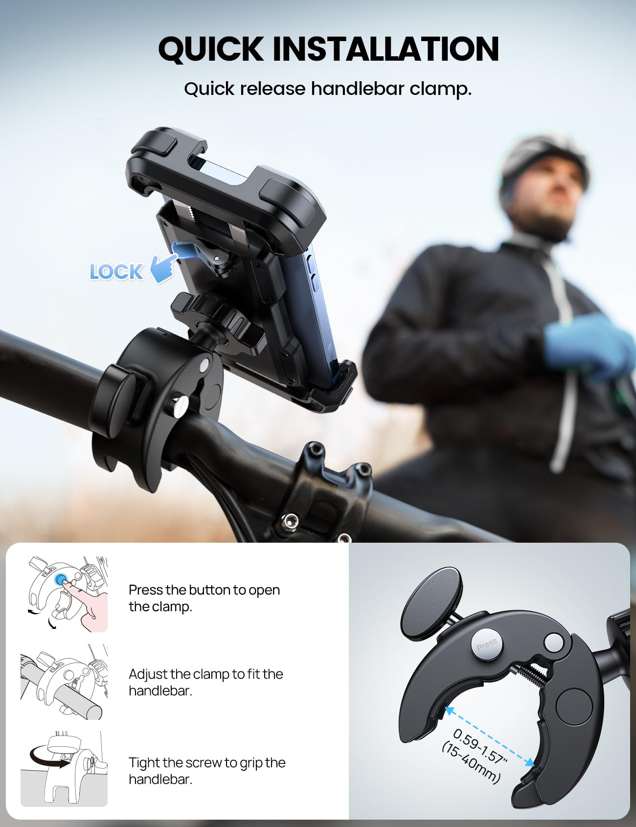 Lamicall Motorcycle Phone Mount Holder - Cell Phone Bike Holder, Adjustable Bicycle Scooter Handlebar Phone Cradle Clip for iPhone 16 15 14 Pro, iPhone 17, Galaxy S23 and 4.7"- 6.8", Mom Gift
