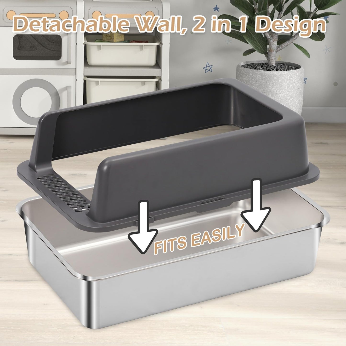 2 Pack Stainless Steel Open Cat Litter Box, Large Cat Litter Tray for Big Cats, 24" L x 16" W x 9.8" H, Metal Litter Box High Sided, Easy Cleaning, Include Scoop (Dark Gray)