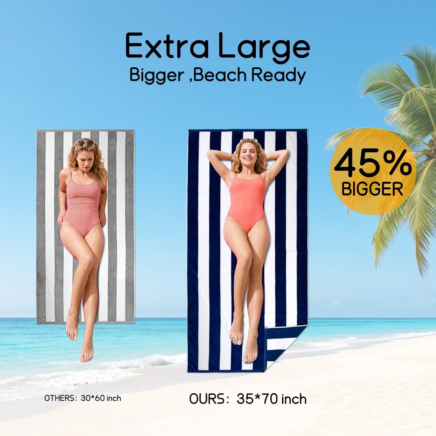 Ouxiaobai Cotton Oversized Beach Towel - 180 x 90 CM Striped Pool Towel, Soft Velour Cabana Swim Towel