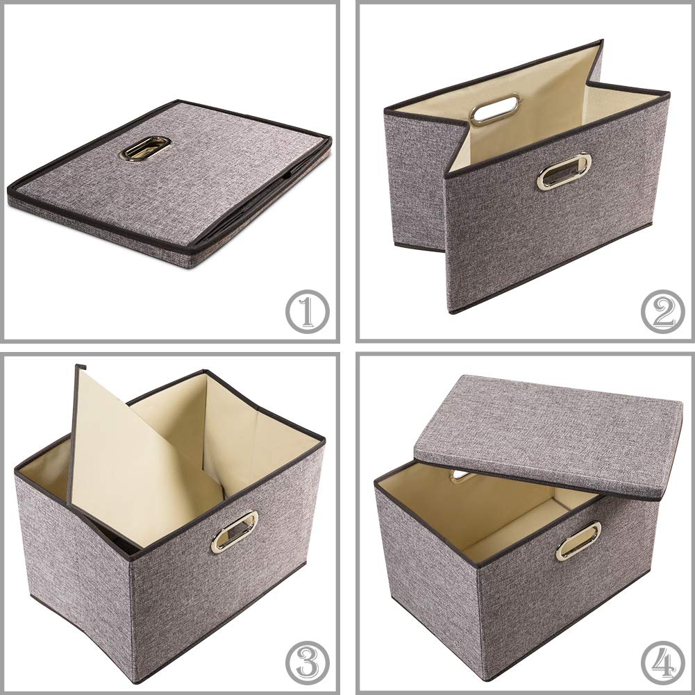 PRANDOM Large Collapsible Storage Bins with Lids [3-Pack] Linen Fabric Foldable Storage Boxes Organizer Containers Baskets Cube with Cover for Home Bedroom Closet Office Nursery (17.7x11.8x11.8")