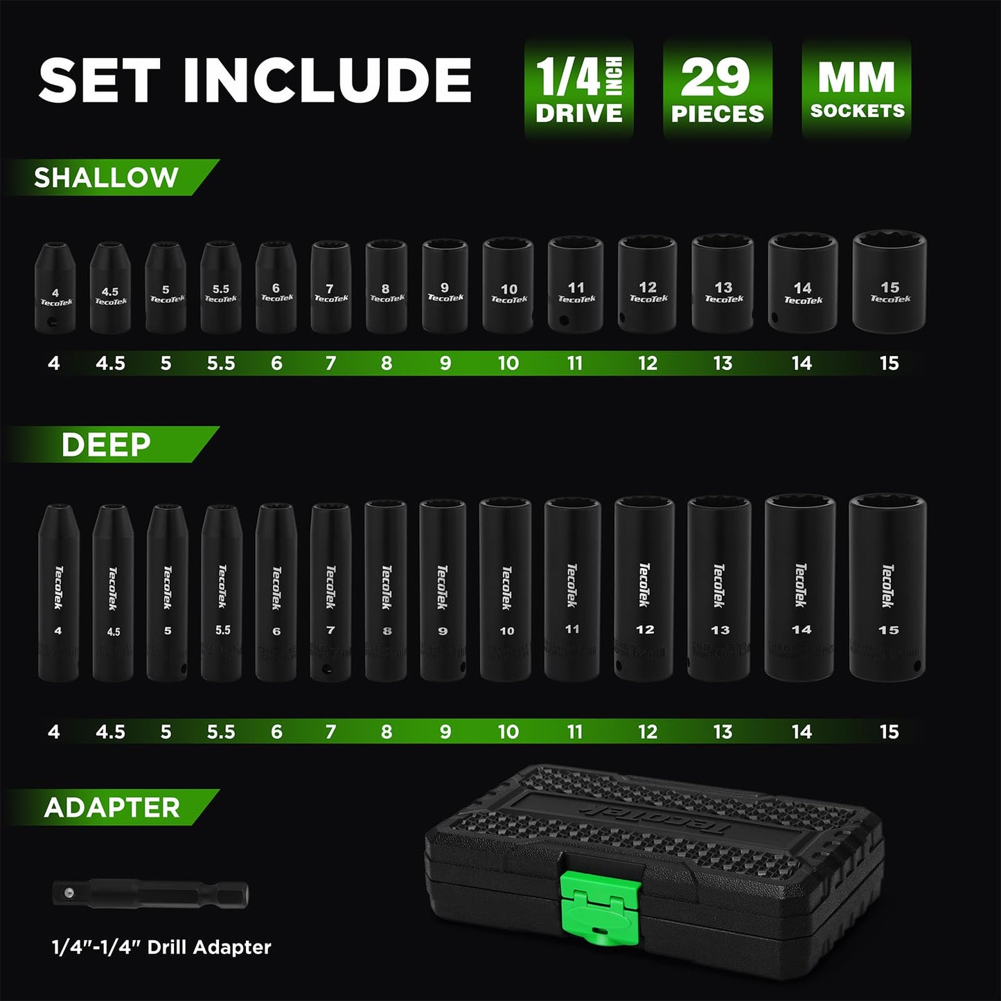 TecoTek 29 Pieces 1/4-Inch Drive Shallow and Deep 12-Point Impact Socket Set, CR-V, 4-15mm Metric, 1/4"-1/4" Drill Adapter