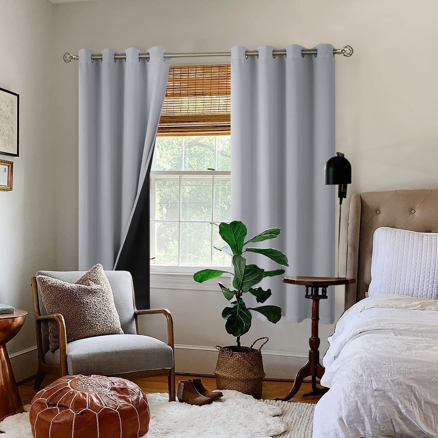 BGment Thermal Insulated 100% Blackout Curtains for Bedroom with Black Liner, Double Layer Full Room Darkening Noise Reducing Grommet Curtain, 2 Window Curtain Panels of 52 x 63 Inch, Light Grey