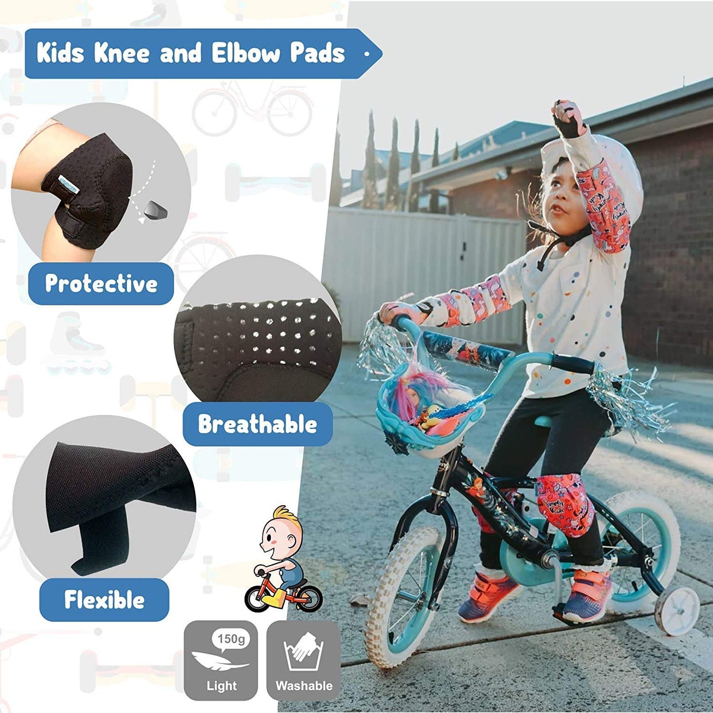 Innovative Soft Kids Knee and Elbow Pads with Bike Gloves | Toddler Protective Gear Set w/Mesh Bag& Sticker | CSPC Certified& Comfort | Roller-Skating, Skateboard Knee Pads for Children Boys Girls (Unicorn, Medium (4-8 years))