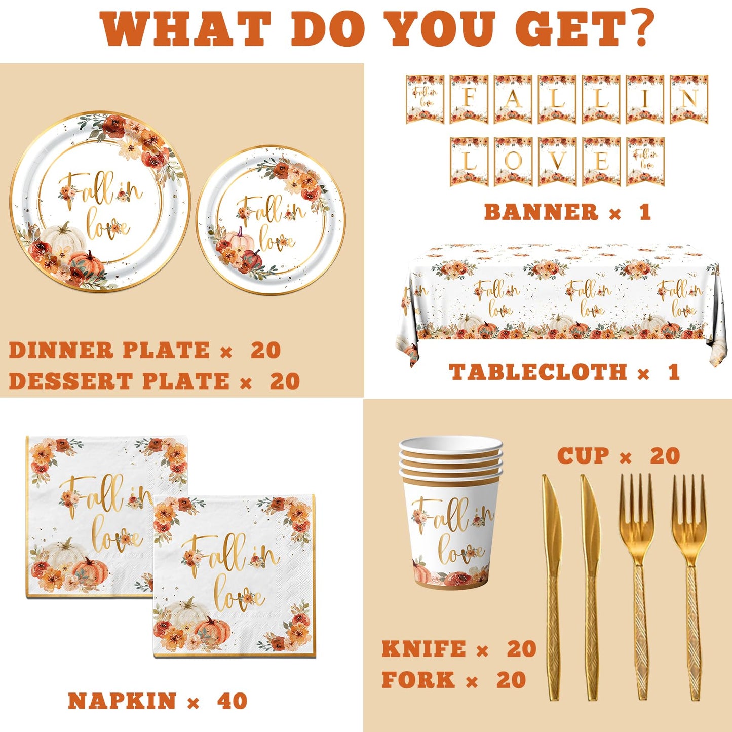 Fall in Love Decoration,142pcs Autumn Fall Tableware Fall Plates Napkins Banner Fall Tablecloth for Thanksgiving Supplies