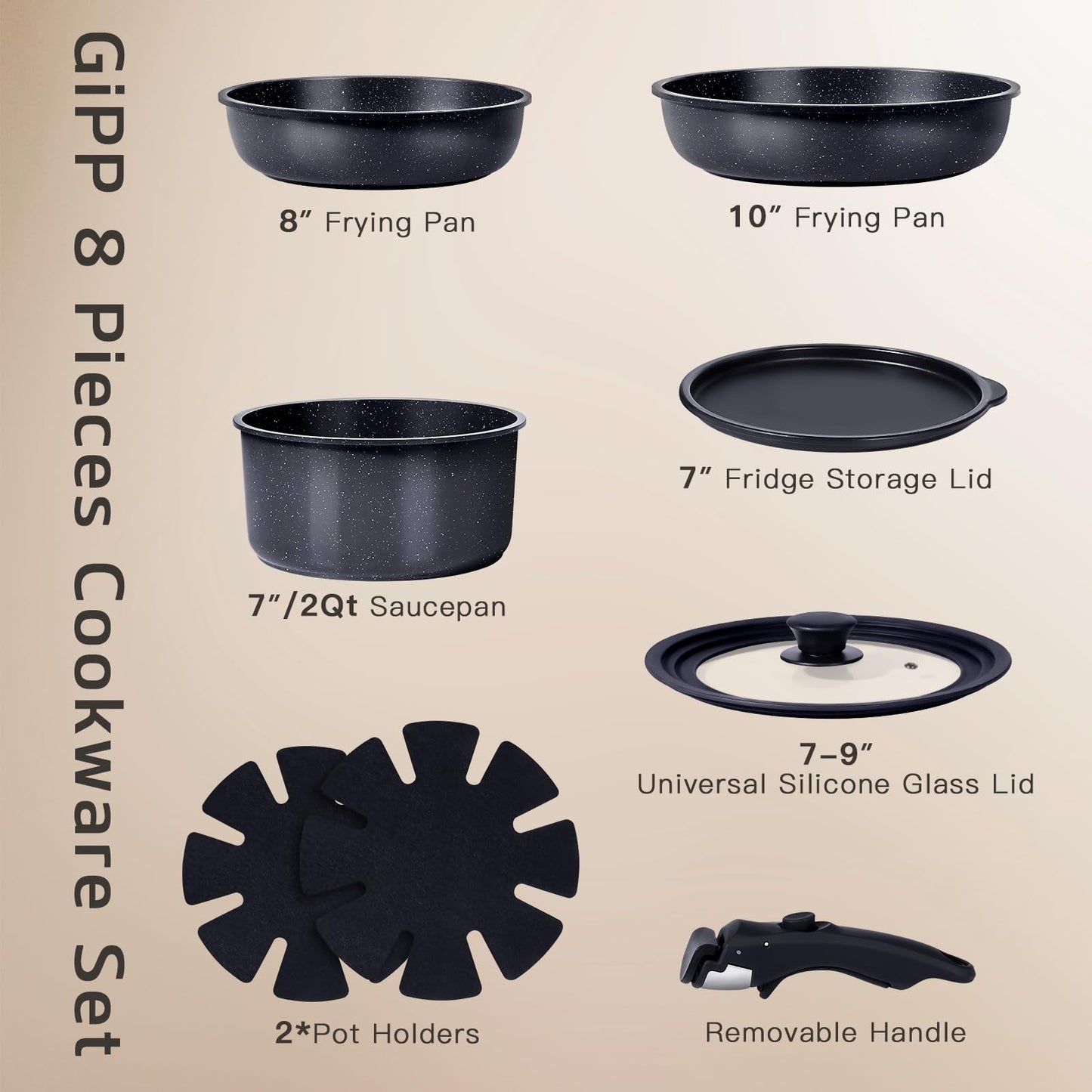 GiPP Ceramic Non Stick Pots and Pans Set,Nonstick Detachable Handle Cookware Sets,Healthy Non Toxic PFAS PFOA & PTFE Free, Dishwasher ＆Oven Safe, Induction Kitchen Pot and Pan, 8 Piece Grey