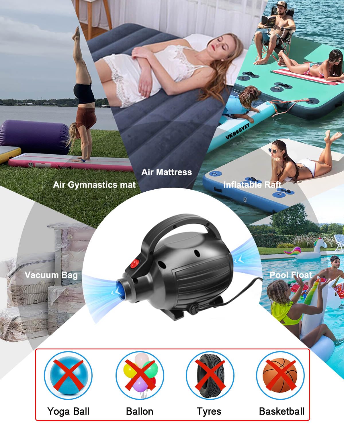 VEBESYET Electric Air Pumps for Inflatables Air Mattress Gymnastics Track Mat Quick Fill Inflator/Deflator for Pool Floats Dock Raft,4 Nozzles, 110-120V AC (400W)