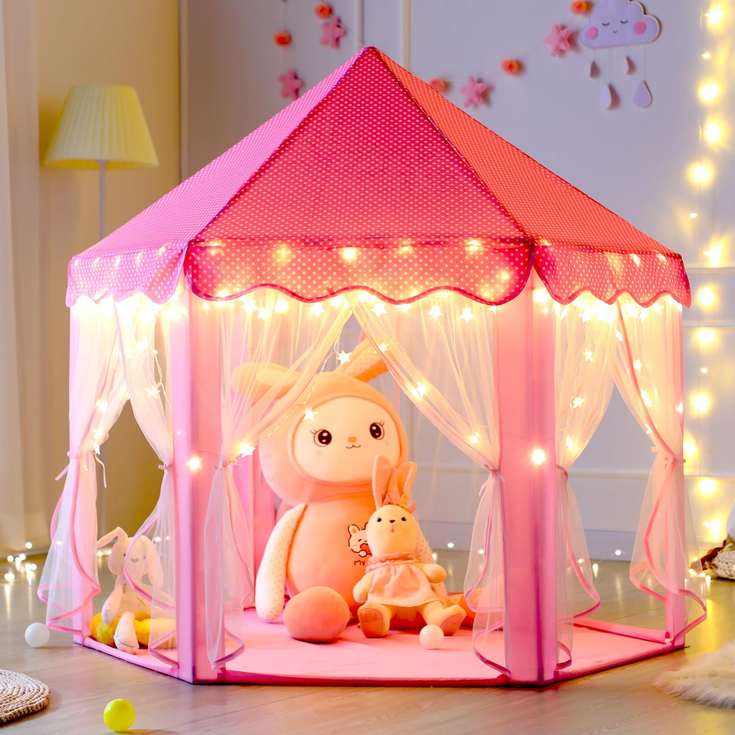 Sumbababy Princess Castle Tent for Girls Fairy Play Tents for Kids Hexagon Playhouse with Large Star Lights Toys for Children or Toddlers Indoor or Outdoor Games (Pink)