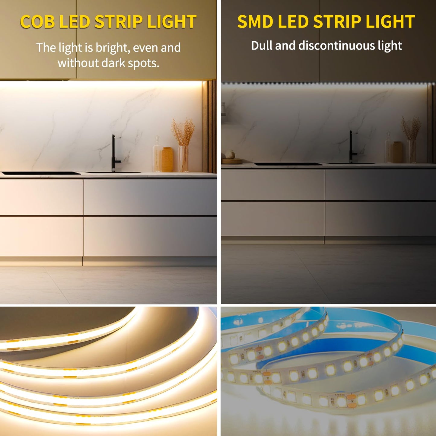 Yeewhale COB LED Strip Lights 32.8FT，3000K Warm White Dimmable DC 24V Flexible LED Tape Lights for Bedroom, with Remote and App Control LED Light Strip,for Cabinets, Shelves，Living Room Decoration