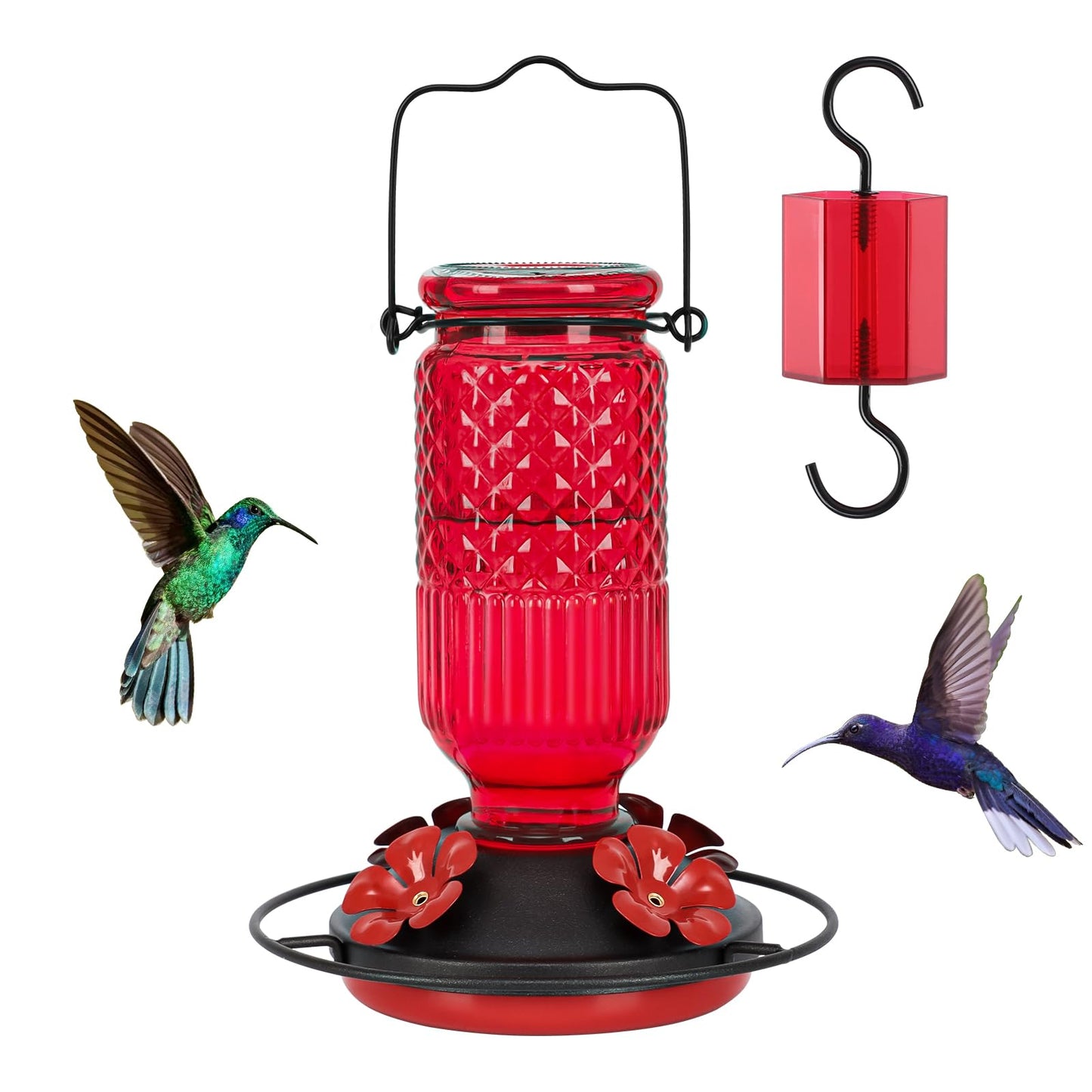FEED GARDEN Glass Hummingbird Feeder for Outdoors Hanging, 16 OZ Humming Bird Feeders with 4 Bee Guard Feeding Ports & Built-in Ant Moat, Hummingbird Gifts for Mom Bird Feeder for Outside, Red,2 Pack