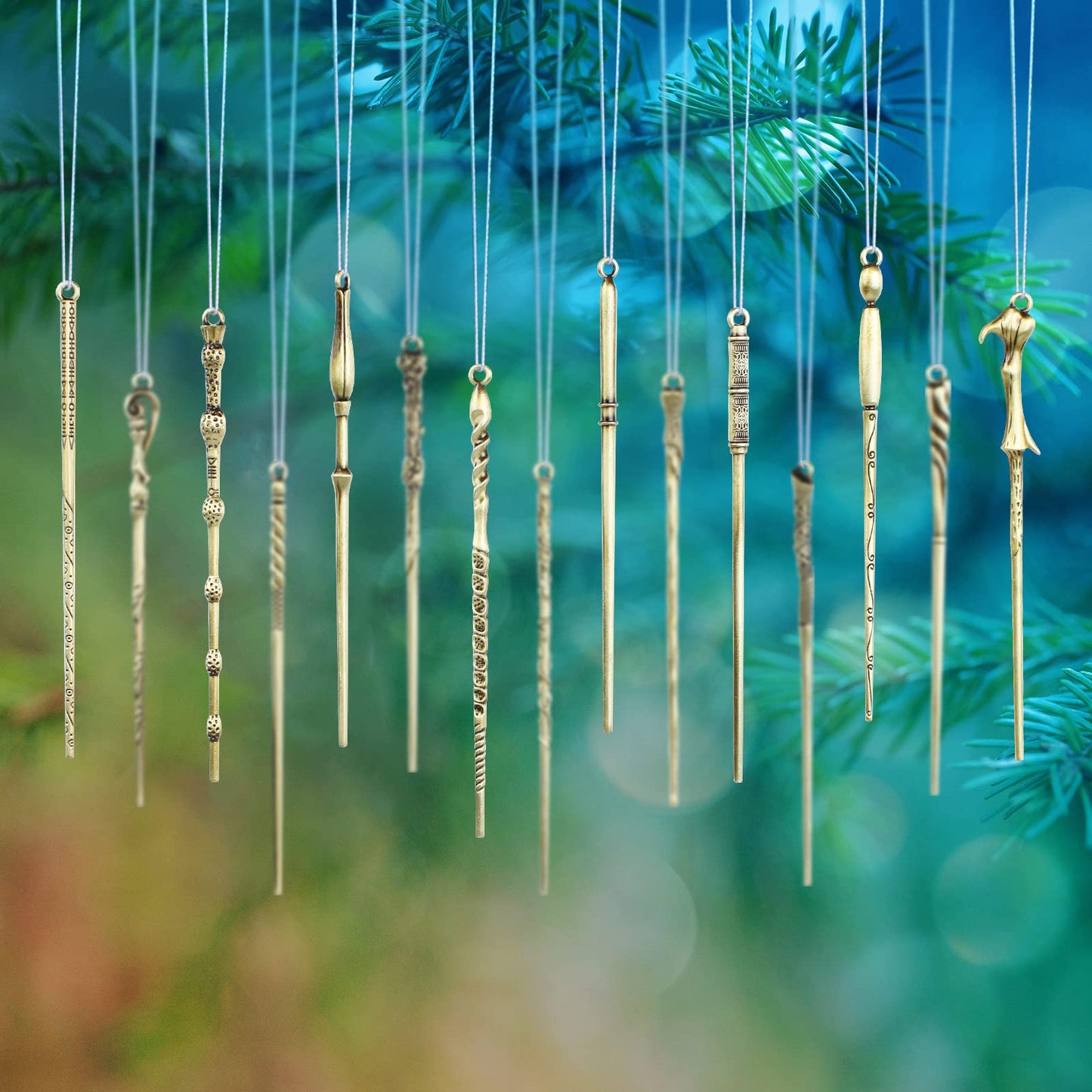 Mini Magic Wand Set 15PCS Wizard Keychain Necklace Collection Wands Kit Witch Keyring Pendant Christmas Ornaments Decorations with Gift Box
