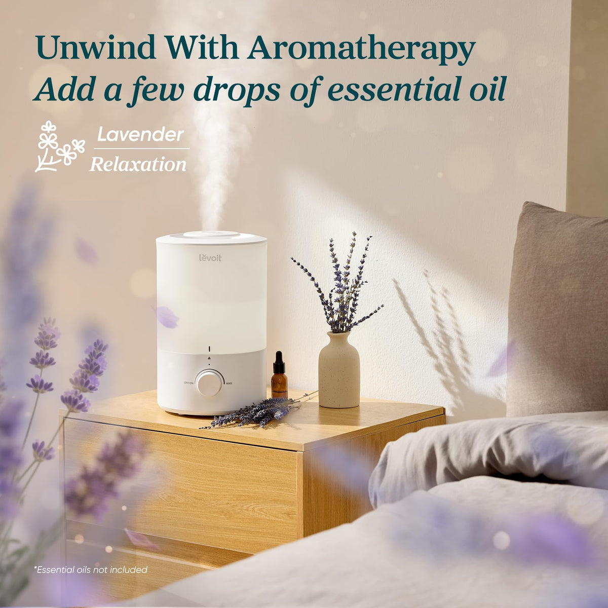 Levoit Humidifiers for Bedroom Large Room, 3L Cool Mist Top Fill Oil Diffuser for Baby Nursery and Plants, 360 Degree Nozzle, Quiet Rapid Ultrasonic Humidification for Home Whole House, White