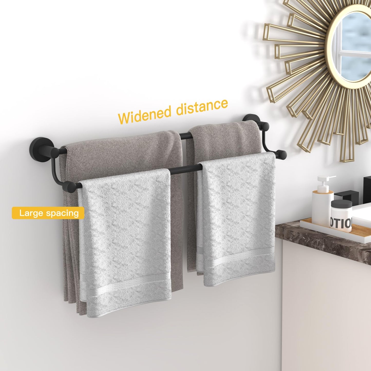 BESy Adjustable 16-26 Inches Double Towel Bar for Bathroom SUS304 Stainless Steel Towel Holder, Hotel Style Wall Mount with Screws Hand Towel Bar Towel Rack Rod Hanger, Matte Black Finish