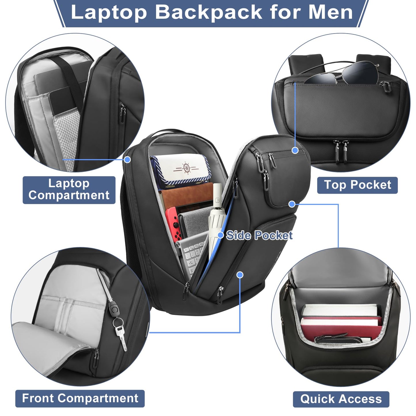 17.3 Inch Business Laptop Backpack for Men, Water-Resistant Anti-Theft Backpack with USB Charging Port, Large Durable Compact 30L Smart Computer Bag for Travel College Work-Black