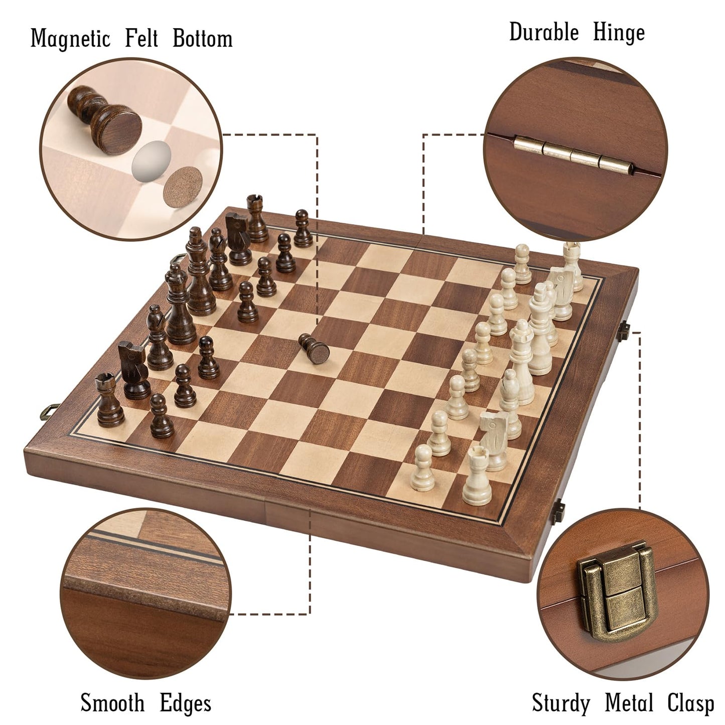 FREYBLI Magnetic Wooden Chess Board Set for Adults Kids, Handcrafted 15 Inch Chess and Checkers Set, Folding Portable Travel Unique Chess Game for Tournament Professional Beginner, 2 Extra Queens
