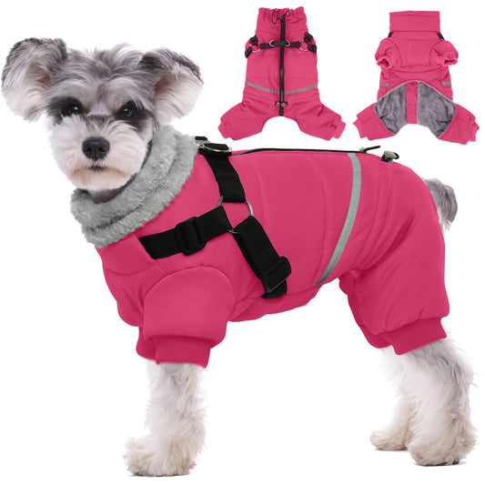 BRKURLEG Dog Winter Coat with Harness Built in, Winter Dog Jackets for Small and Medium Dogs, Small Dogs Snowsuit Reflective Windproof Cold Weather Pet Coats, Puppy Warm Fleece Coat, Hot Pink, M
