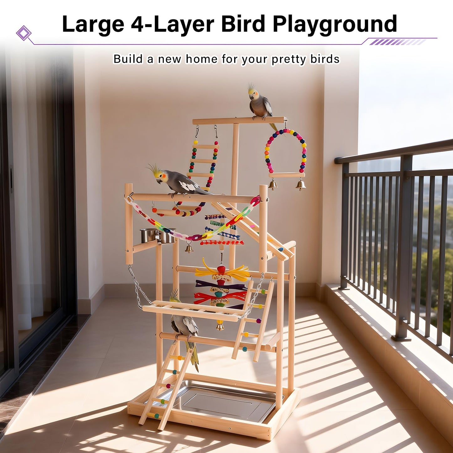 OCKYOOZ Bird Playground Pet Bird Parrot Playground Birds Stand 4 Layers Pet Parrot Playstand with Exercise Toys Swings Feeder Cups Birds Play Stand Wood Perch Gym Playpen Ladder for Cockatiel Parakeet