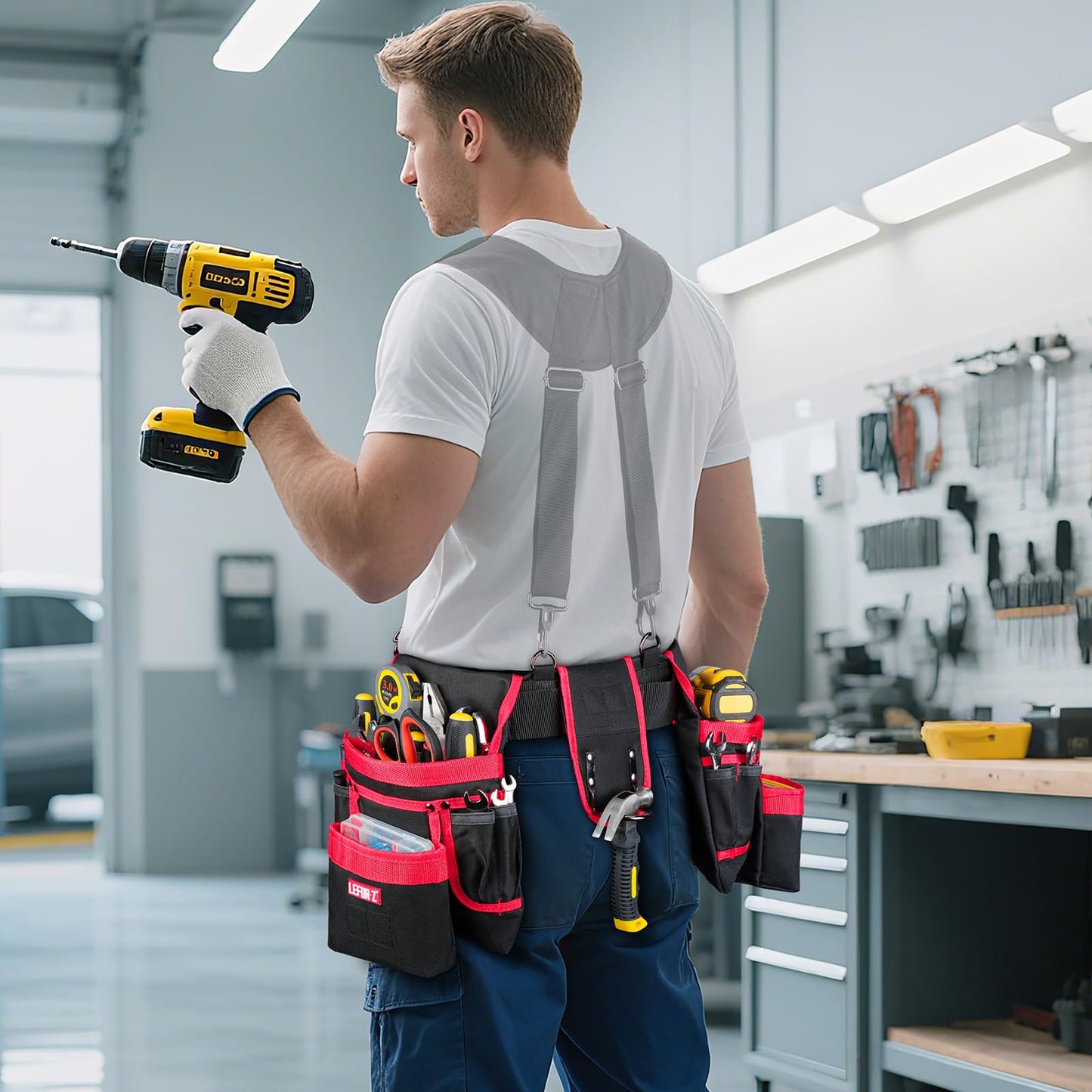 Tool Belt,Magnetic Tool Pouch,27-Pockets Heavy Duty Padded Tool Belts for Men,Detachable & Adjustable Tool Pouch Bag for Electrician,Carpenter,Construction,Work Apron,Utility Belt,Black,Red