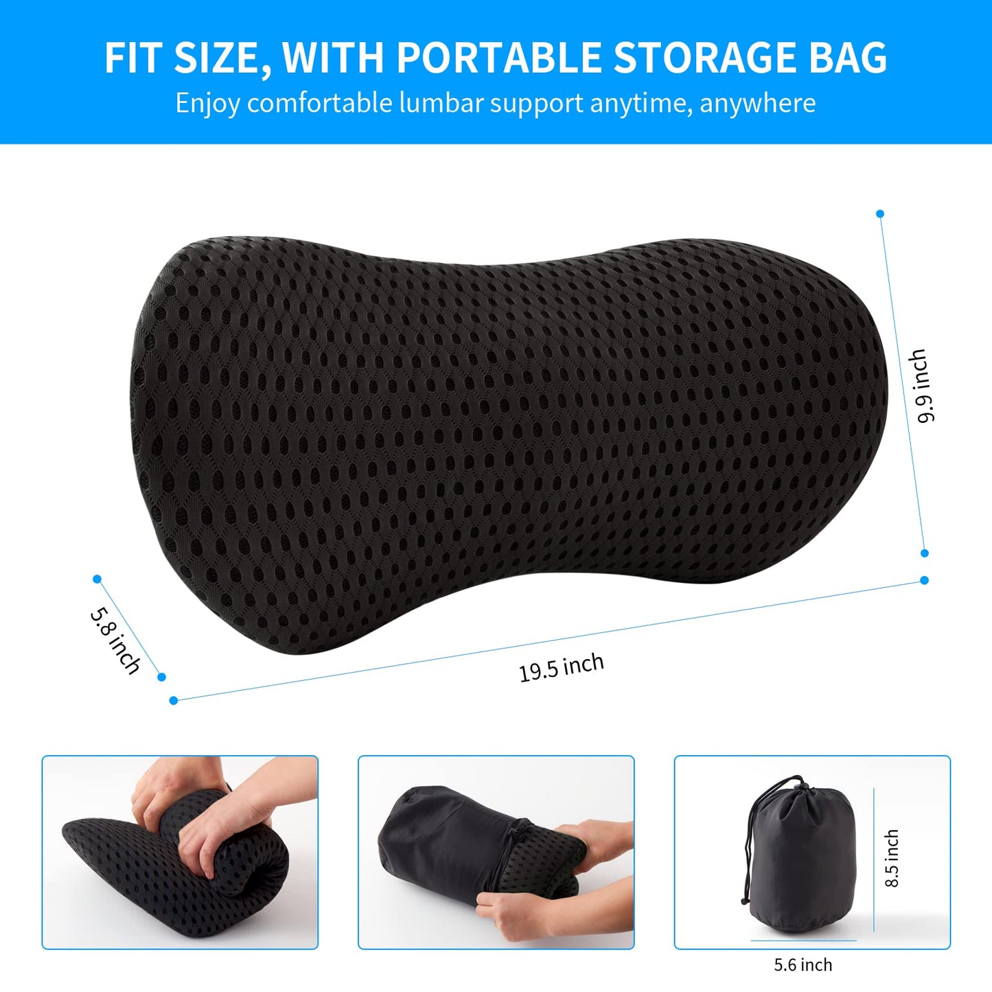 Lumbar Pillow, FOUSUPDT Memory Foam Lumbar Support Pillow for Office Chair and Car Seat, Back Support Pillow for Lower Back Pain Relief, Support Cushion Back Pillow for Sleeping, Driving(Black)
