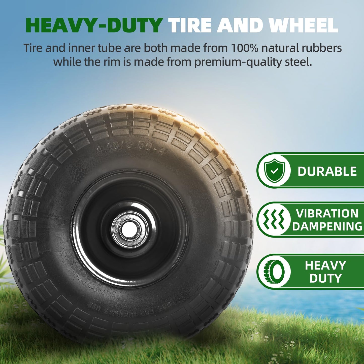 AR-PRO (2 Pack) 4.10/3.50-4 Flat Free Tire and Wheel, 10-Inches Solid Tires for Wheelbarrow, Dolly, Hand Truck, Wagon, Garden Cart, Generator Wheels Replacement - 5/8" Bearings, 2.2" Offset Hub