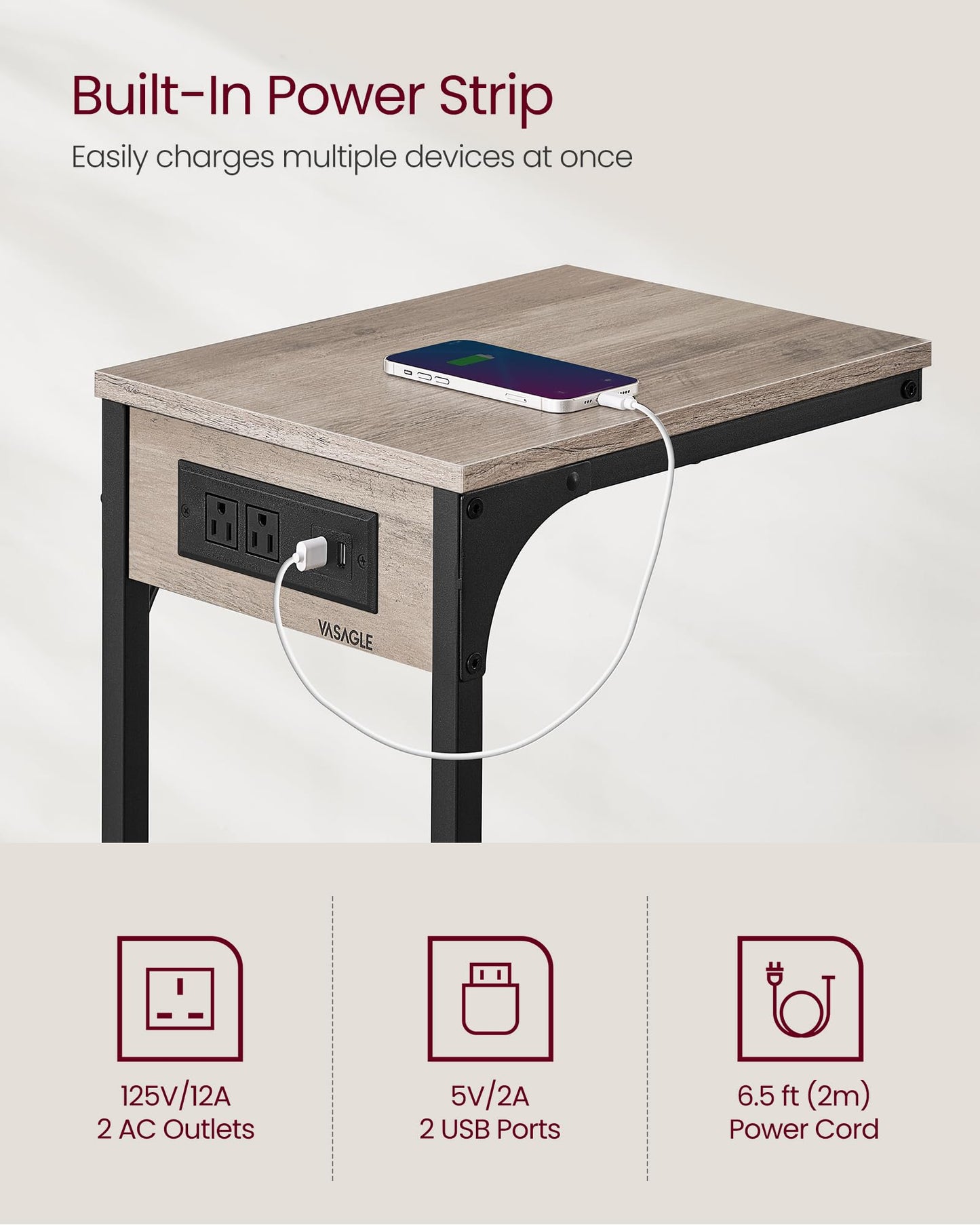 VASAGLE C-Shaped End Table for Couch, Sofa Side Table with Charging Station, Metal Frame, for Living Room, Bedroom, Heather Greige and Ink Black ULET362K02