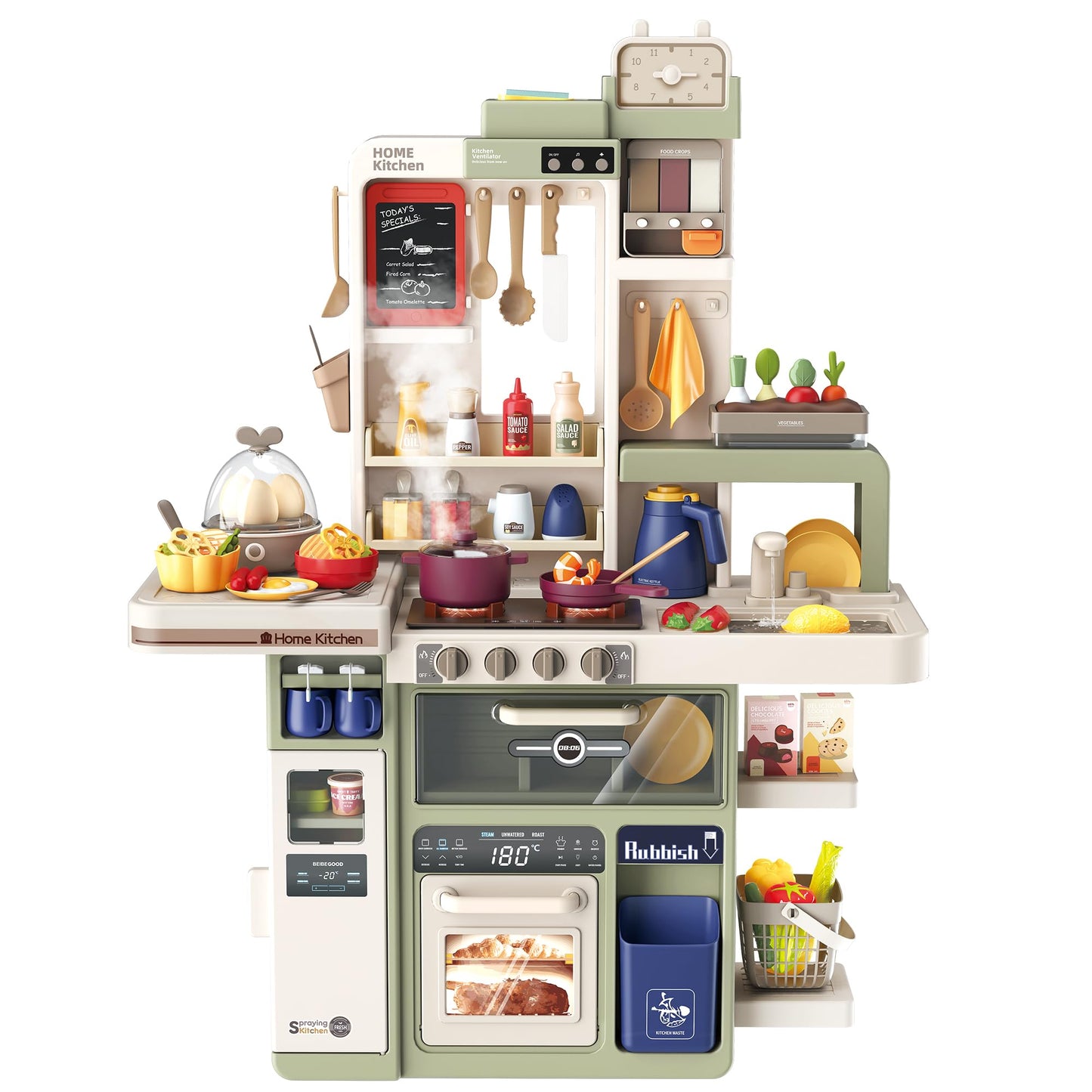 cossy Play Kitchen,Kids Kitchen Playset with Sound and Light,Spray Stove,Play Sink,Auto Egg Steamer and 88 PCS Accessories,Larger Play Kitchen for Toddlers 36" L x 11" W x 27" H .Green